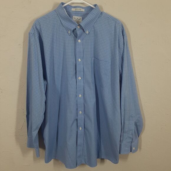 LL Bean Mens 17.5-34 Wrinkle Free Blue Check Long Sleeve Button Up Shirt - Picture 1 of 12